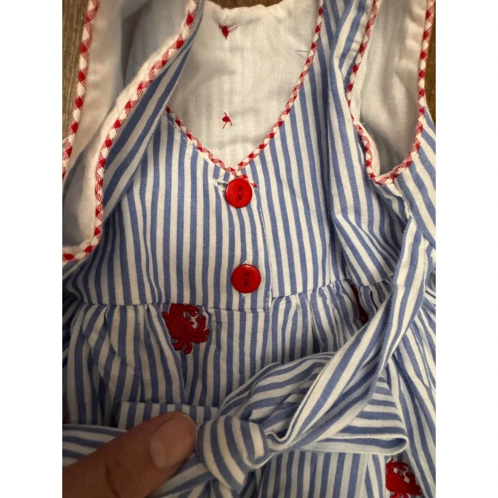 Cotton Kids Seersucker Crab Dress & Bloomers 12M Nautical Blue White Striped